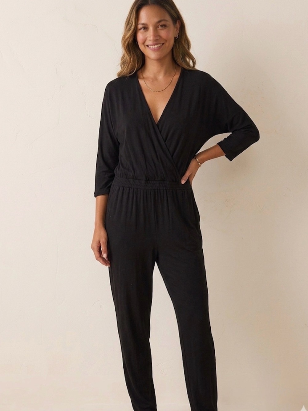 Bobi Los Angeles 3/4 Sleeve Surplice Jumpsuit
